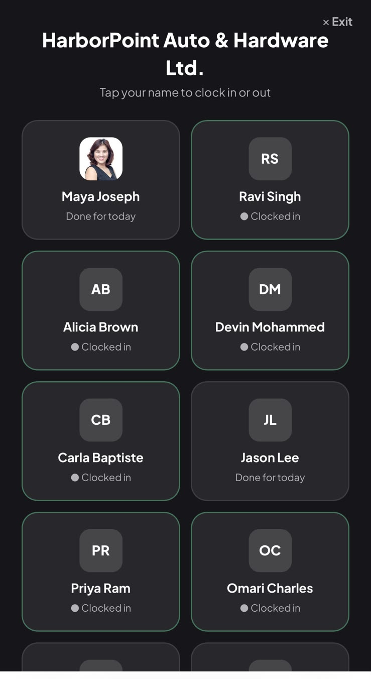 Pulse clock-in screen on a phone